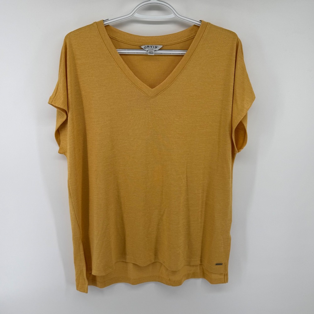 Orvis Womens Mustard Yellow V-Neck Short Sleeve Knit Top Relaxed Fit Medium
